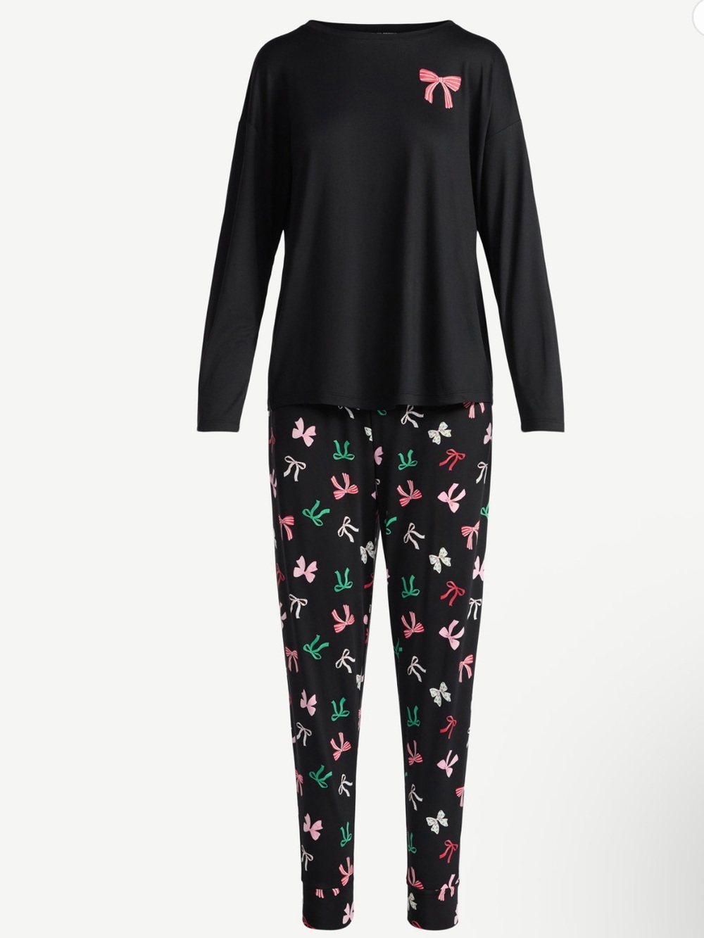 Cozy Black Long-Sleeve Pajama Set with Pink Bow Accents